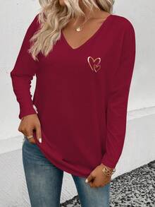 EMERY ROSE Women's Casual Heart Print V-Neck Long Sleeve Versatile T-Shirt, Autumn/Winter - Burgundy - View 3