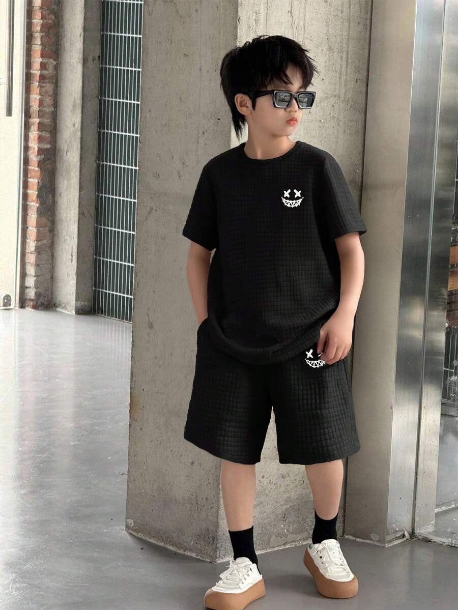 SHEIN Bộ 2 quần short tay ngắn cổ tròn họa tiết dễ thương cho bé trai, thích hợp mặc đi làm, đi học, mặc thường ngày, thể thao, xuân/hè - màu đen - Xem 1