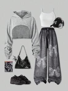 SHEIN ChillGRL 3 件套青少年女孩酷炫短款连帽衫、蝴蝶印花吊带背心和阔腿针织裤，适合返校季、休闲校园风格、春夏秋 - 淺灰色 - 查看 1