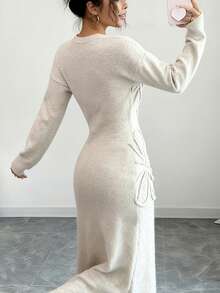 Selianne 大码女式优雅3D立体花卉针织连衣裙，秋冬款 - 杏色 - 查看 2