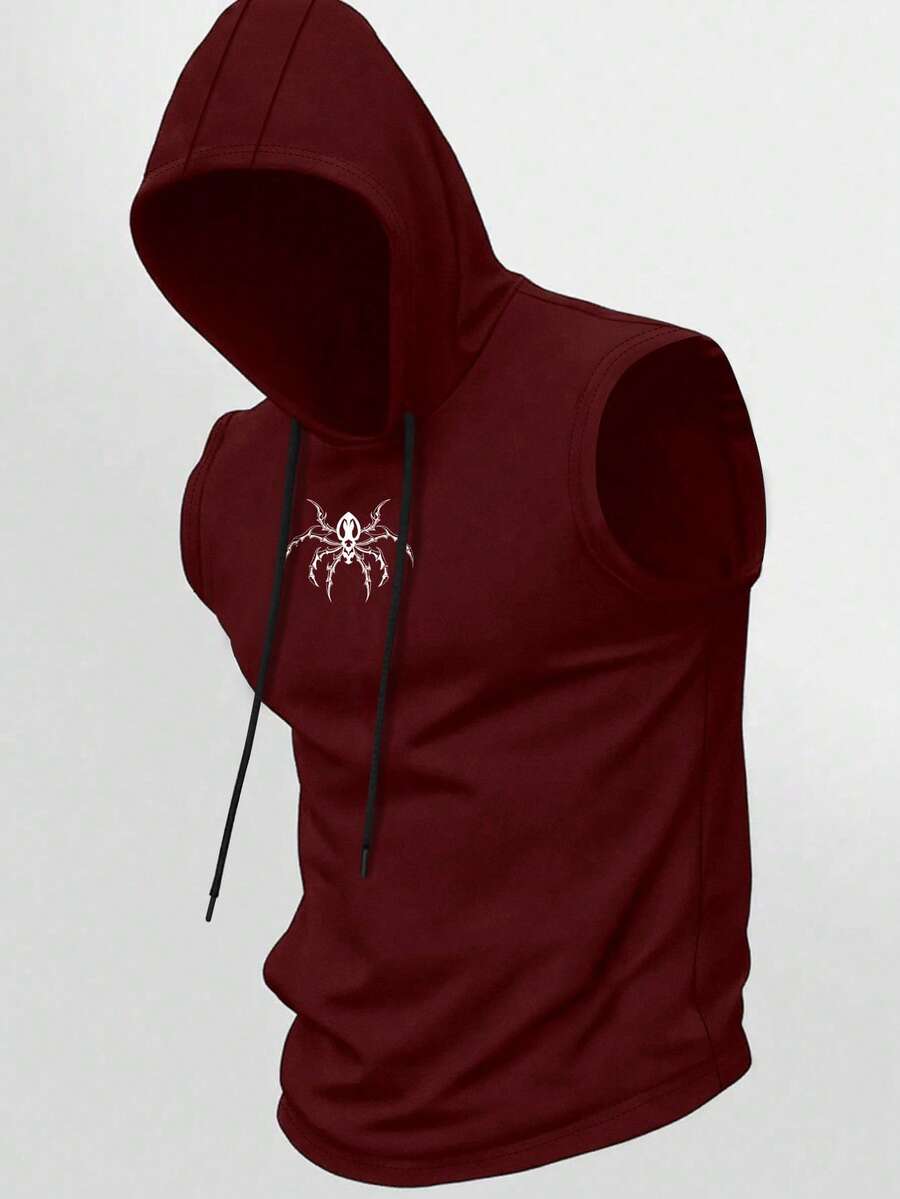 Gym Rark 男士蜘蛛印花抽绳连帽运动背心 - 酒紅色 - 查看 1