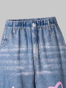 SHEIN ChillGRL 两件套少女星形字母印花保暖连帽卫衣搭配休闲阔腿牛仔裤，适合日常通勤和街拍穿搭，秋冬季 - 粉色 - 查看 5