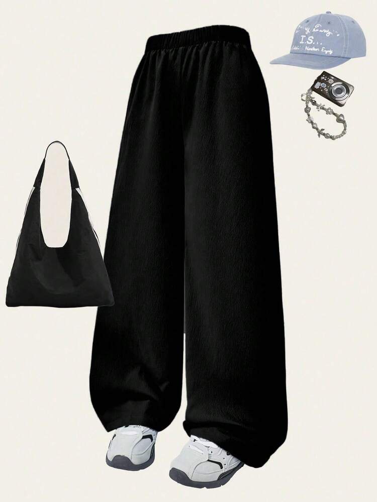 SHEIN 1pc Girls Premium Textured Fabric White Casual Comfortable Long Pants, Summer New Arrivals Fall Winter - Black - View 1