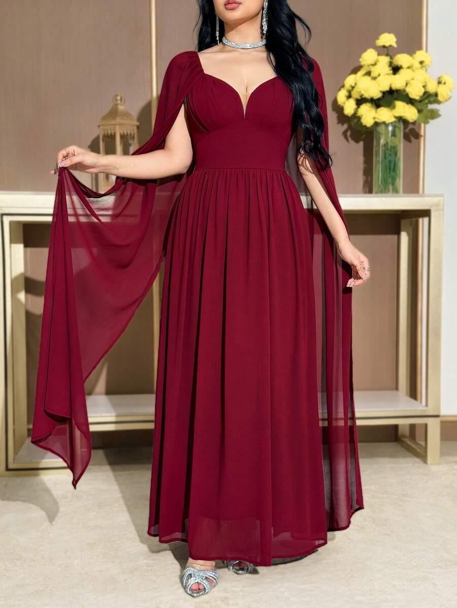 Modelyn 女士纯色心形领口披肩袖优雅连衣裙 - 酒紅色 - 查看 1