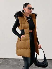 Padded Vest With Furry Hood And Adjustable Waist, Two Side Pockets, Thick And Fashionable Puffer Jacket, Quilting Details - Brown - View 6