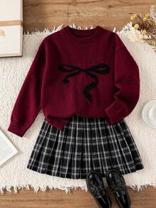 Genkimix Kids Girls' Checkerboard Sweater & Red Bow Accent Skirt Set, Versatile All-Match Red Skirt, Suitable For Halloween, Christmas, School Season, Cute Outfit - Burgundy - View 1