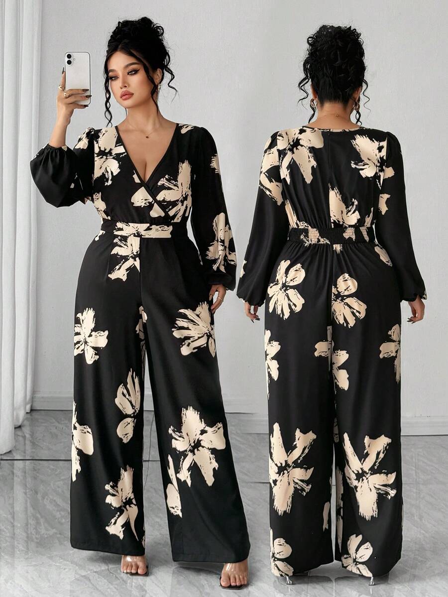 Elenzga Fashionable Autumn/Winter French Romantic Vintage Casual & Commute V-Neck Printed Waist Cinched Puff Sleeve Jumpsuit