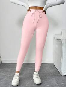 Chiquease 女士纯色腰带保暖内衬休闲打底裤 - 粉色 - 查看 4