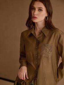 MOTF PREMIUM CONTRAST GUIPURE LACE PATCHED POCKET SHIRT - Brown - View 5