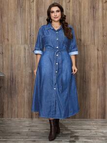 EMERY ROSE Plus Size Women Elegant Belted Denim Dress - Light Wash - View 8