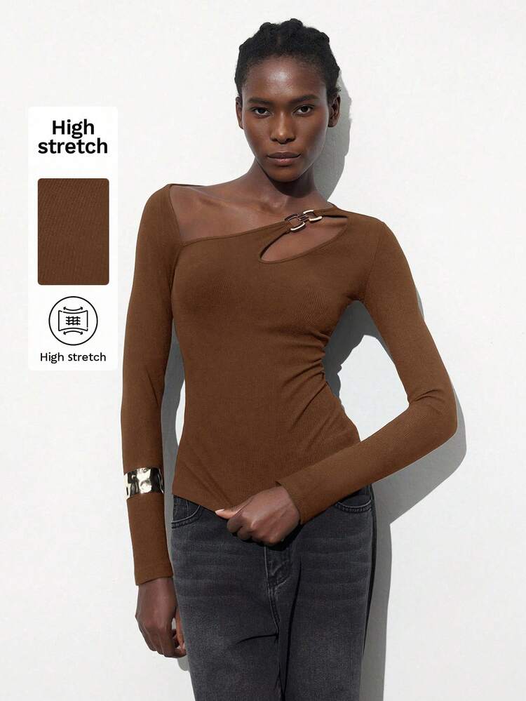 SHEIN Maija Women's Solid Color Asymmetrical Collar Hollow Out Metal Decor Fitted Long Sleeve Casual Office Wear Business T-Shirt, Elegant Party, Summer Brown Long Sleeve Top