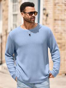 EASEVO Plus Size Men's Casual Loose Fit Solid Color Crew Neck Long Sleeve T-Shirt - Baby Blue - View 4