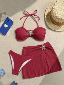 Soleia Bộ 3 món nữ họa tiết sao biển, vải bandeau họa tiết màu đỏ - Đỏ - Xem 3