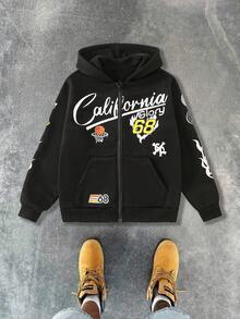 SHEIN Coolqubz بلوزة رياضية قبعة كاجوال مطبوعة للمراهقين والشباب الأولاد - الأسود - مشاهدة 7