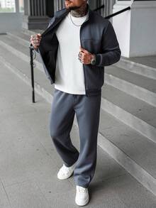 Manfinity CasualCool 男士纯色拉链前开襟夹克和抽绳腰带裤休闲套装