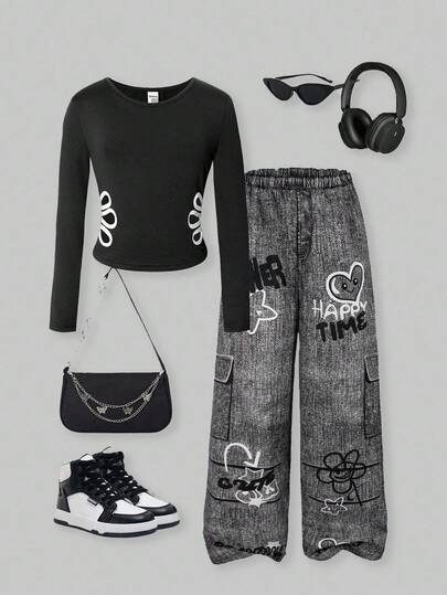 SHEIN ChillGRL Streecool 少女休闲镂空花卉印花短袖上衣和裤子两件套，舒适时尚，适合日常穿着