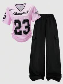 SHEIN ChillGRL Teen Girls' Digital Graphic Print V-Neck Short Sleeve Top T-Shirt And Solid Color Pocket Utility Pants 2-Piece Outfit, Spring/Summer Summer Holiday - Pink - View 3