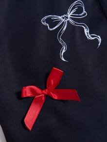 SHEIN ChillGRL 青少年女孩休闲时尚街头风格标语和蝴蝶结印花短袖 T 恤和松紧腰宽松阔腿裤套装，夏季 - 酒紅色 - 查看 9