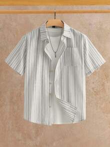 HIMLAND Áo sơ mi nam tay ngắn ôm vừa vặn, họa tiết sọc dệt, thích hợp mặc vào mùa hè - Xanh và trắng - Xem 8