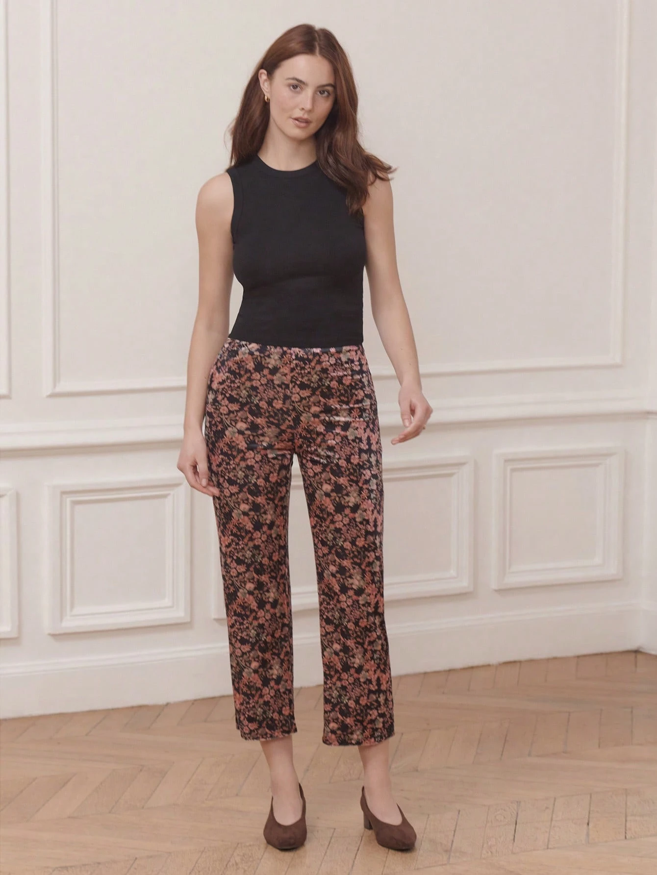 Calça de Veludo Canelado com Estampa Floral Vintage de Cintura Alta para Inverno