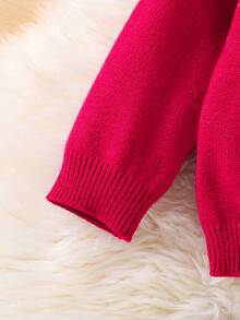 Sweater Lengan Raglan Kerah Tinggi untuk Anak Perempuan, Dekorasi Kancing Warna-warni Buatan Tangan, Gaya Sekolah Musim Gugur Merah, Pullover Serbaguna yang Lucu, Pakaian Natal Meriah - Burgundy - View 3