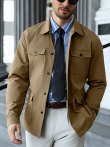 Manfinity CasualCool Herren Lässig einfarbige Klapptaschen Einreiher Windbreaker, Herren Trenchcoat für den Herbst - Khaki - Übersicht 3