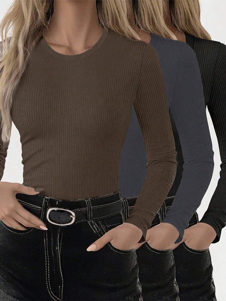 INAWLY Plus Size Women 3-Piece Set, Solid Color Round Neck Long Sleeve Ribbed Fitted T-Shirt - Multicolor - View 1