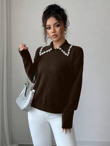 SHEIN Elenzya Aniusta 女士秋冬休闲上衣，适合度假、独立日、劳动节、哥伦布日、感恩节、情人节、复古风、斯德哥尔摩风、图卢姆风、韩版风、优雅百搭、学生装、教师装、哥特风、办公室装、商务休闲装、返校季等场合，黑色针织衫，领口饰有装饰。 - 咖啡棕 - 查看 4