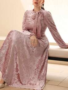 Modelyn Elegant Pink Velvet Ruched Tie-Up Long Dress For Women, Autumn/Winter
