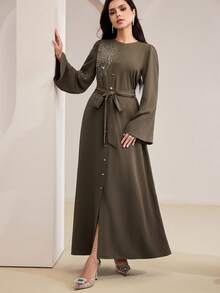 Al Najma Women's Elegant Rhinestone Decorated Waist Belt Abaya Dress - Purple - View 6