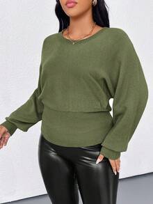 Elenzga Plus Size Casual Solid Color Batwing Sleeve Sweater, Autumn/Winter - Green - View 6