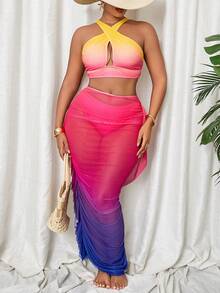 Slaydiva Ombre Print Sexy Ruched Ruffle Trim Swimwear Top + Bikini Bottom + Maxi Skirt Plus Size Swimwear Set - Multicolor - View 1