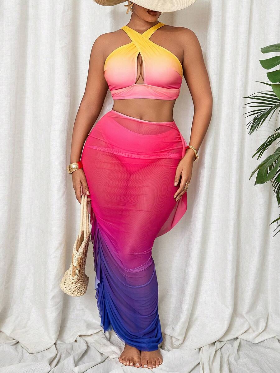 Slaydiva Ombre Print Sexy Ruched Ruffle Trim Swimwear Top + Bikini Bottom + Maxi Skirt Plus Size Swimwear Set - Multicolor - View 1