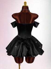 New Year & Valentine's Day Party/Date Off-Shoulder Rhinestone Bow Decor Bodycon Mini A-Line Dress Y2k Dress Black Satin Dress - Black - View 6