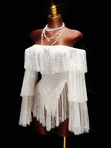 Amplova Váy ngắn hở vai in họa tiết chấm bi lấp lánh tay dài gợi cảm cho nữ, thời trang dự tiệc - Nhiều màu - Xem 1