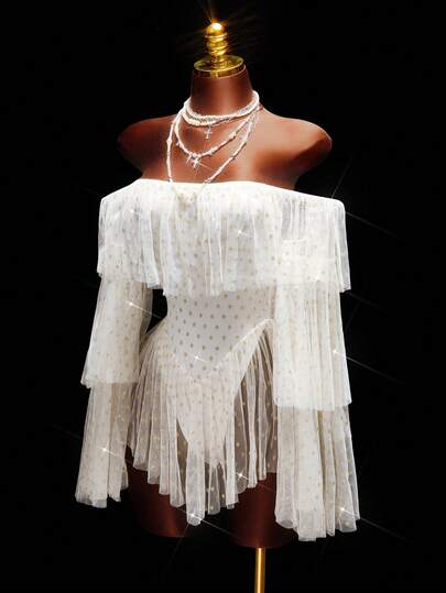 Amplova Women's Off Shoulder Glitter Polka Dot Print Long Sleeve Sexy Sheer Mini Dress, Fashionable For Party White Fringe Dress Goddess Outfit