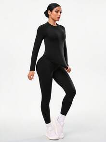 Seamluxe SHEIN Sport 女士无缝运动套装，专业户外健身夹克，紧身塑形瑜伽服，适合秋季穿着/专为户外跑步、瑜伽、普拉提和健身房锻炼设计/训练的理想之选 - 黑色 - 查看 3