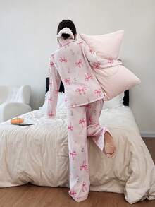 SHEIN Bow, Heart & Flower Print Lapel Long Sleeve Pajama Set Pink Pajamas Floral Pj Set Pajamas Set Bow Pajamas - Pink - View 2