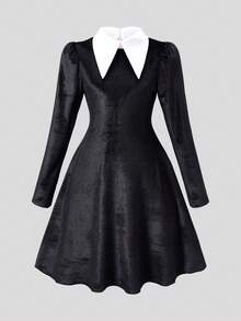 SHEIN Explorewe Tween Girl Casual Commuter School Style Color Block Gigot Sleeve Waist Cinched Dress, Autumn - Black - View 3