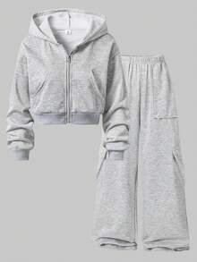 SHEIN ChillGRL 2 件套青少年女孩休闲宽松针织连帽拉链短款运动衫和时尚百搭运动裤套装，适合秋冬季 - 灰色 - 查看 3