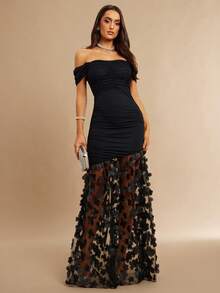 Silquee 女士性感露肩长袖紧身连衣裙，腰部褶皱设计，拼接下摆，纯色针织连衣裙 - 黑色 - 查看 1