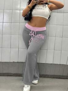 Maweii بنطلون نسائي مقاس كبير بطراز الشارع، بخصر مربوط بسحاب، طباعة أمامية، قصة ضيقة وواسعة - رمادي - مشاهدة 6