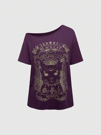 Goth Plus Size Women Dark Black Cat Mysterious Loose Drop Shoulder Short Sleeve T-Shirt, Deep Purple