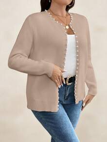 SHEIN Clasi Áo len cardigan tay dài họa tiết ngọc trai giả trơn màu cỡ lớn dành cho nữ, mùa thu/đông - Màu be - Xem 3