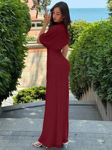 Aloruh Elegant Minimalist Commuter Fashion Elastic Waist Design Multilayer Ruffle Waist Ruffle Flattering Long Dress, Suitable For Work, Date, Vacation Red Elegant Dress Women - Red - View 6