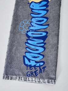 SHEIN ChillGRL بنطلون جينز مطبوع بطراز الشارع الفضفاض للفتيات المراهقات، توب كامي قصير، ملابس علوية شبكية مقنعة بأكمام طويلة، طقم ملابس مكون من 3 قطع، موضة