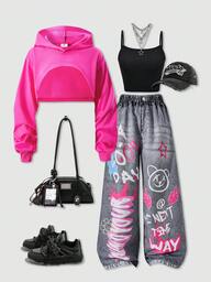 SHEIN ChillGRL Streecool 儿童休闲青少年女孩宽松街头风格牛仔印花裤、短款吊带背心、长袖连帽网眼衬衫三件套服装，时尚