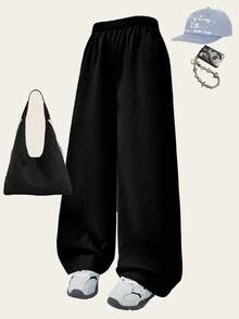 SHEIN ChillGRL 1pc Girls Premium Textured Fabric White Casual Comfortable Long Pants, Summer New Arrivals Fall Winter