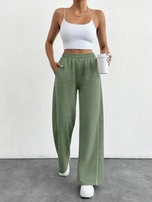 EURMUSE Cotton Jogging Bottoms With Plain Slanted Pockets, Wide Leg Cut - Mint Green - View 4