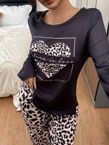 Dream Adore 豹纹爱心图案休闲长袖上衣和裤子女士睡衣套装，冬季服装 - 彩色 - 查看 4